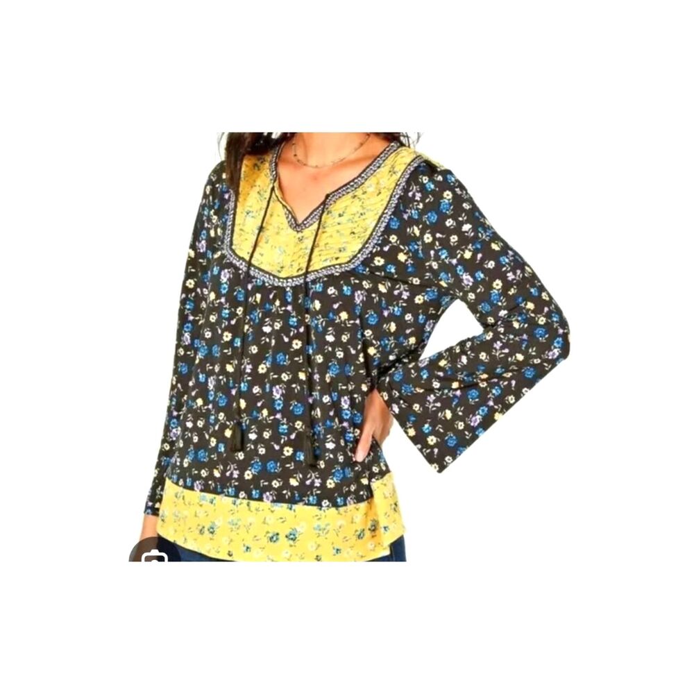 Style & Co Boho Floral Blouse Yellow Black Mixed Print Tassel Bell Sleeve M